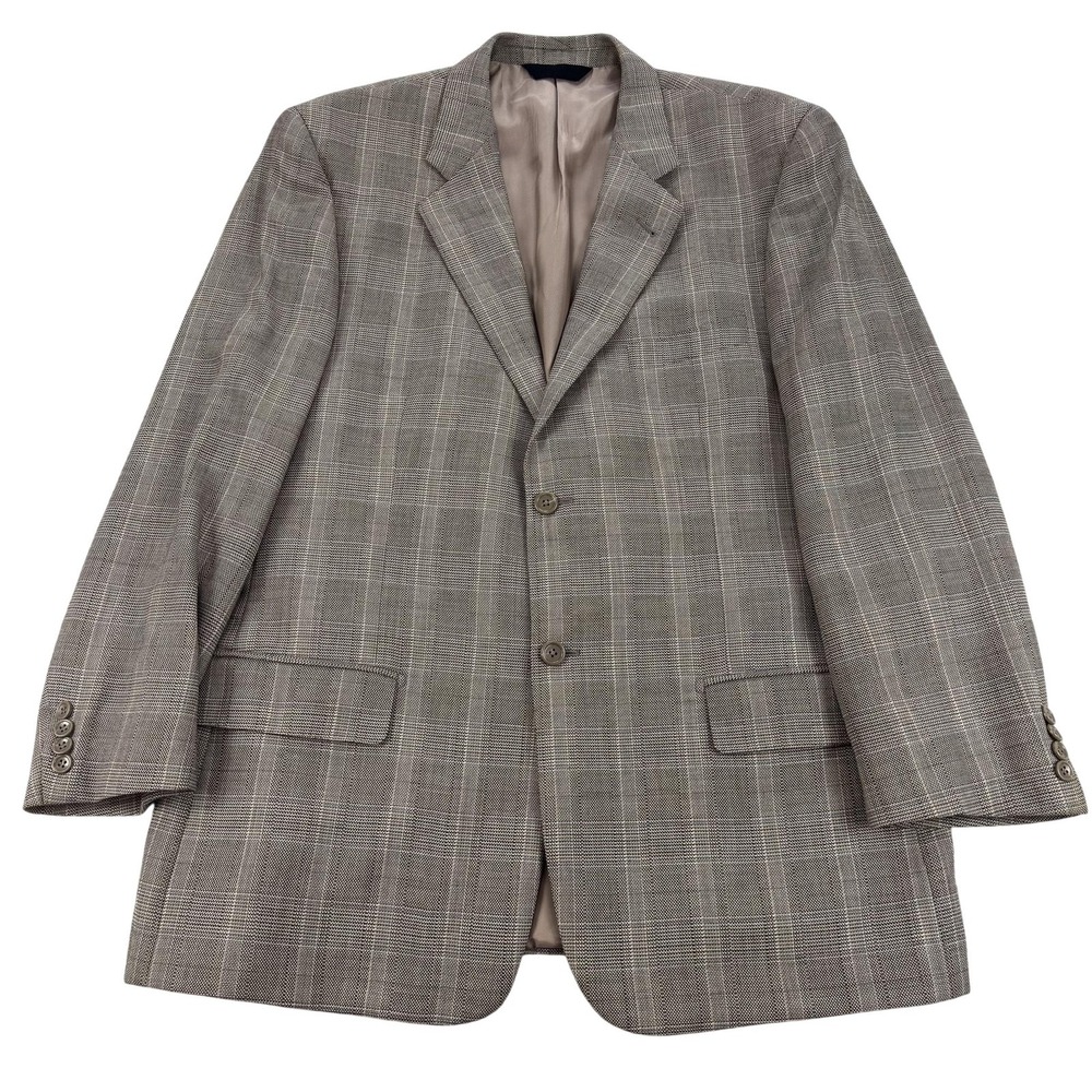 Baroni Blazer Mens 44L Brown Taupe Windowpane Plaid Tweed Super 150s Wool Jacket